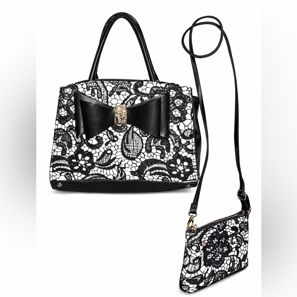 Betsey Johnson Black and White Lace Bow Satchel with Pouch - Picture 3 of 3